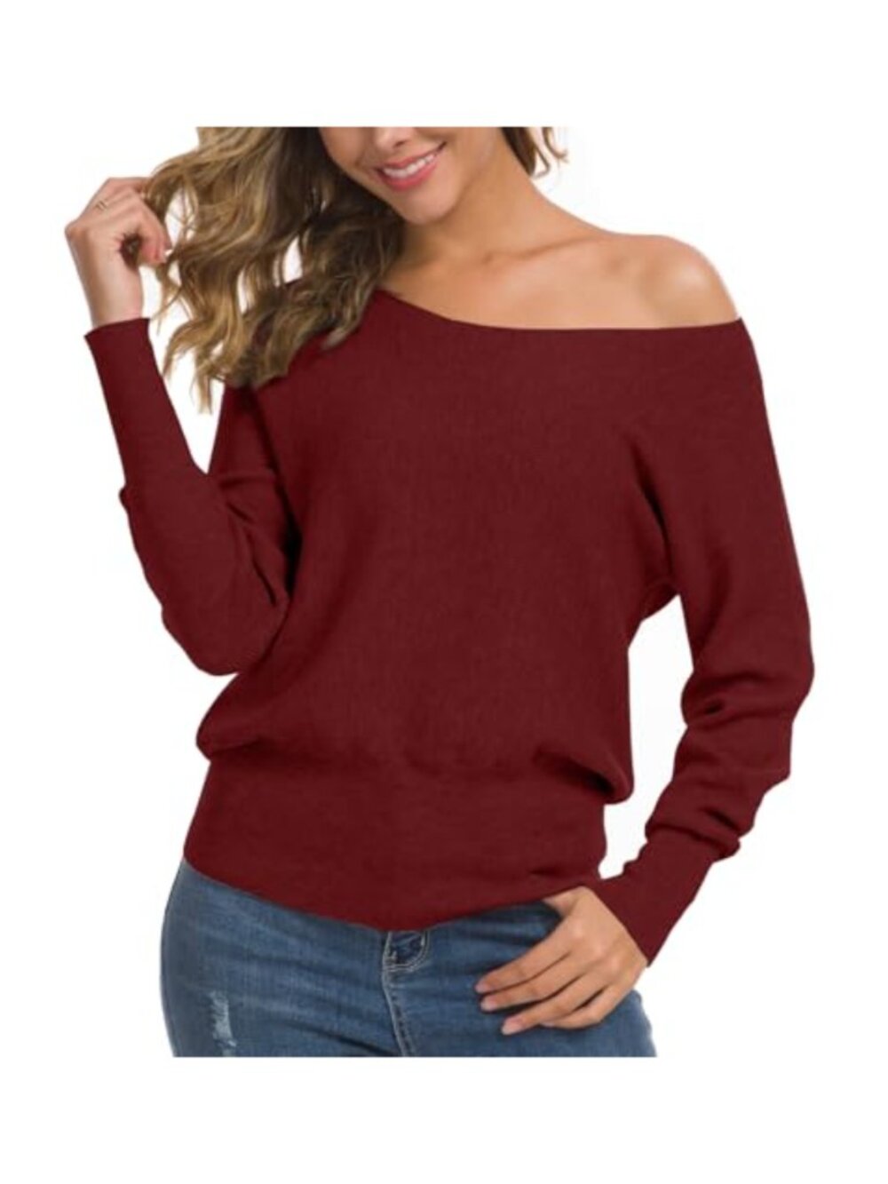 Off Shoulder Sweater Casual Long Sleeve Knit Pullover Loose Fit